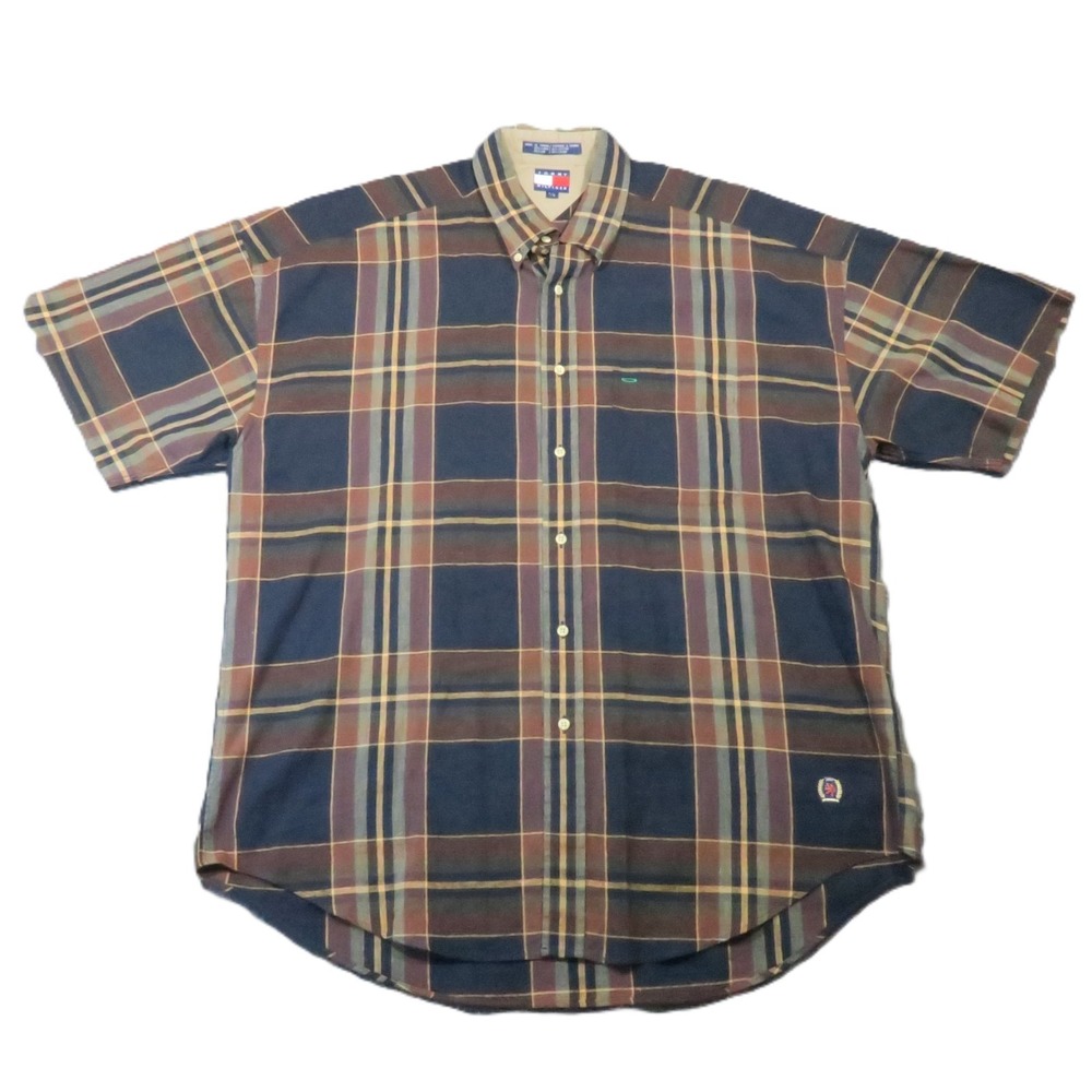 Tommy Hilfiger Button Down Shirt L Brown Plaid Linen Blend Crest Vintage Preppy